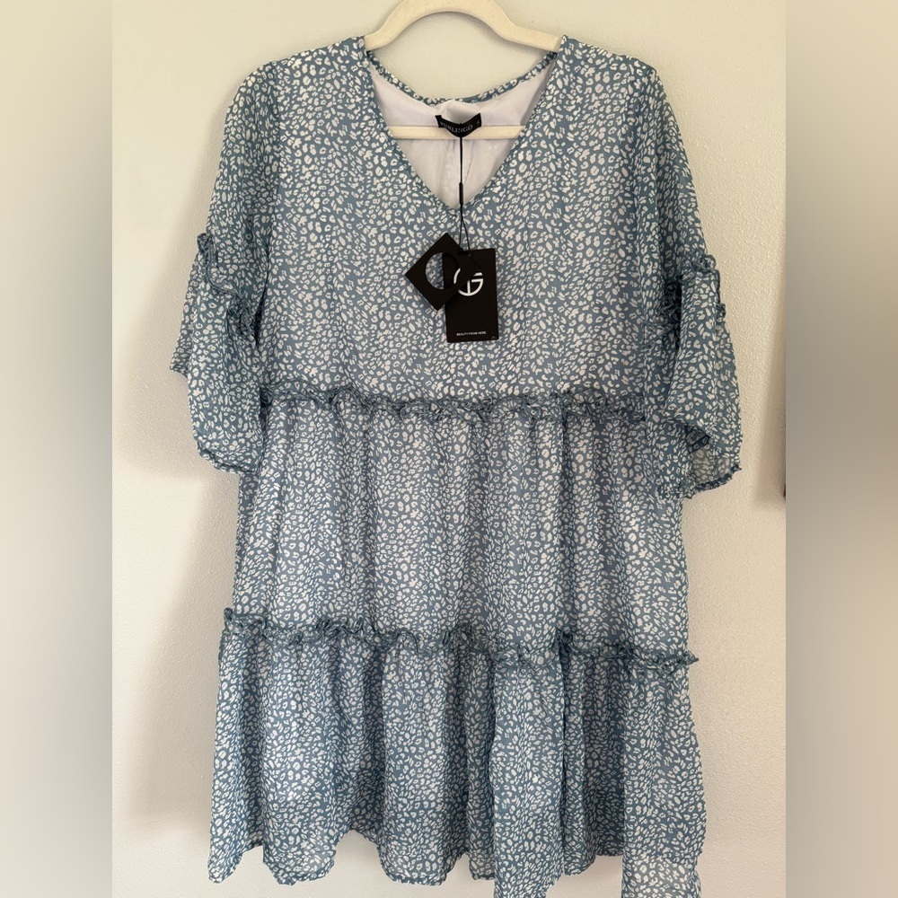 Funlingo Women’s Elegant Blue and White Tiered Dress Size Small NWT